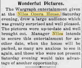 Niles Opera House - 13 SEP 1899 ARTICLE